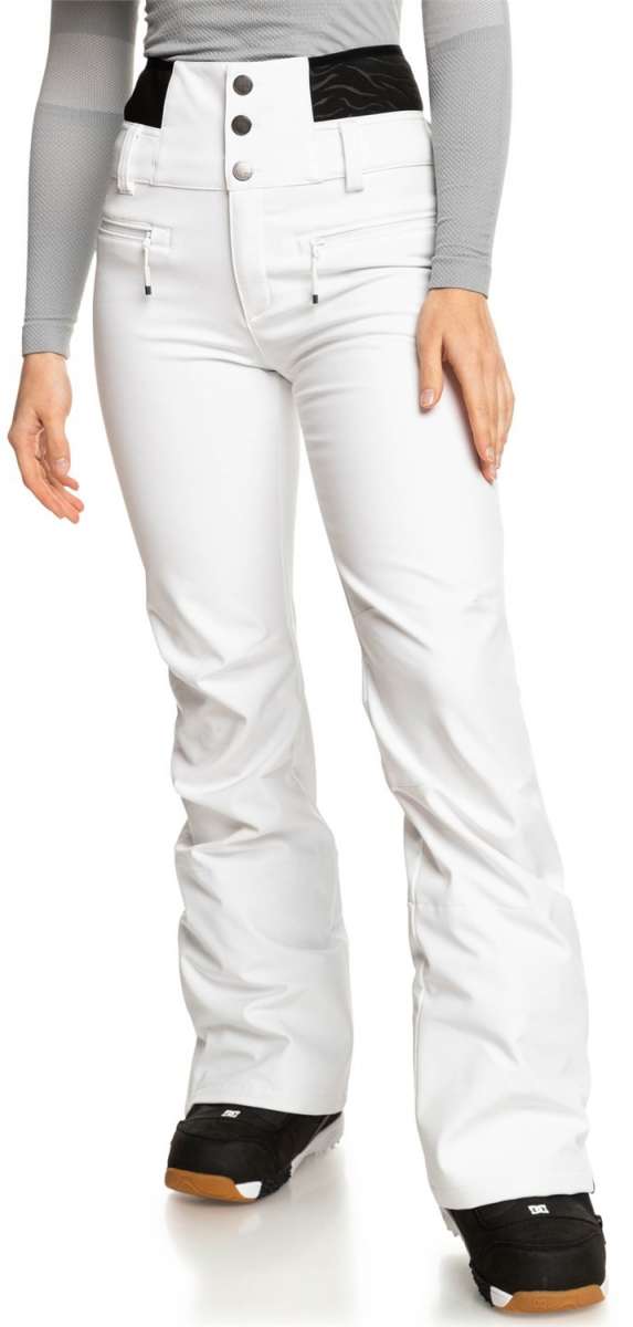 Roxy Women's Rising High Pant 2024 - White snow pants with black waistband and two zippered pockets on the side.