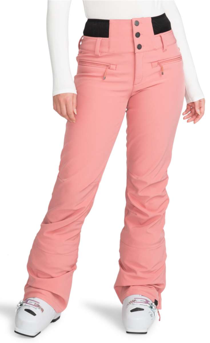 Roxy Women's Rising High Pant 2024 - A pair of pink snow pants with a black waistband and silver zippers on the side pockets.