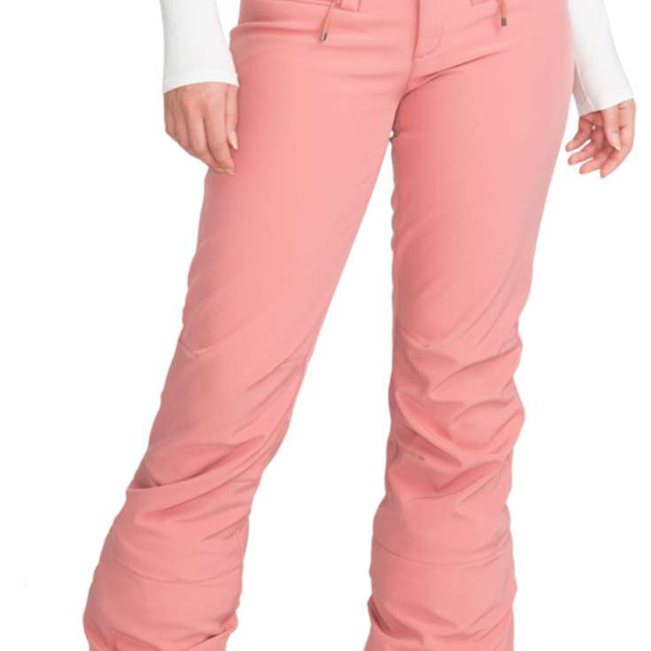 Roxy Women's Rising High Pant 2024 - A pair of pink snow pants with a black waistband and silver zippers on the side pockets.