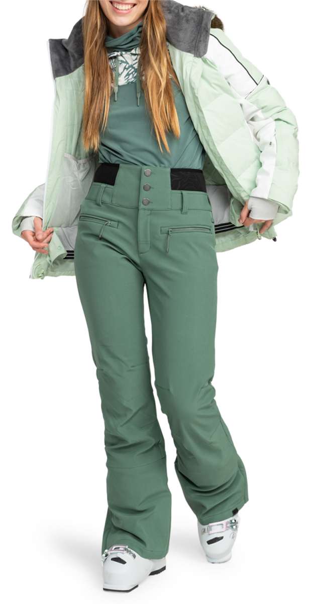 Roxy Women's Rising High Pant 2024 - Sage green snow pants with zippered pockets and adjustable waistband.