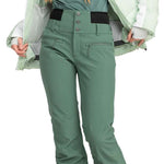 Roxy Women's Rising High Pant 2024 - Sage green snow pants with zippered pockets and adjustable waistband.