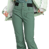 Roxy Women's Rising High Pant 2024 - Sage green snow pants with zippered pockets and adjustable waistband.