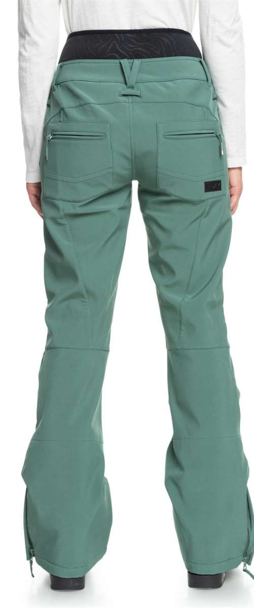 Roxy Women's Rising High Pant 2024 - A pair of women's snow pants with a black waistband and two zippered pockets on the back.