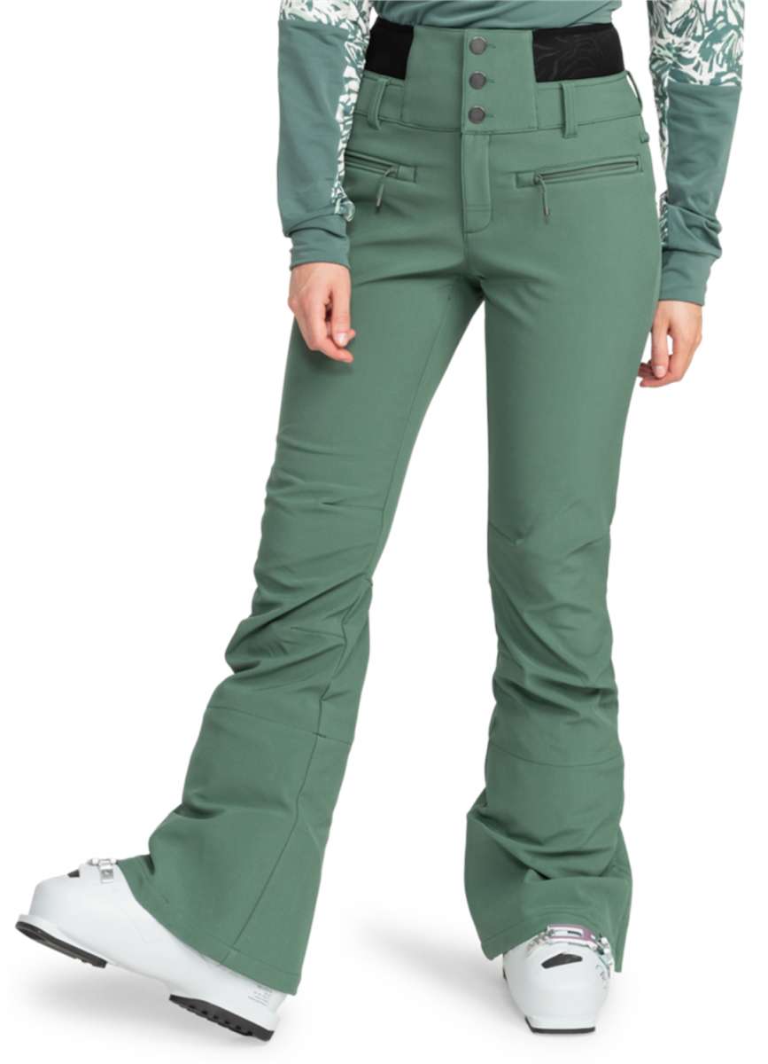 Roxy Women's Rising High Pant 2024 - A pair of women's snow pants with a black waistband and two zippered front pockets.
