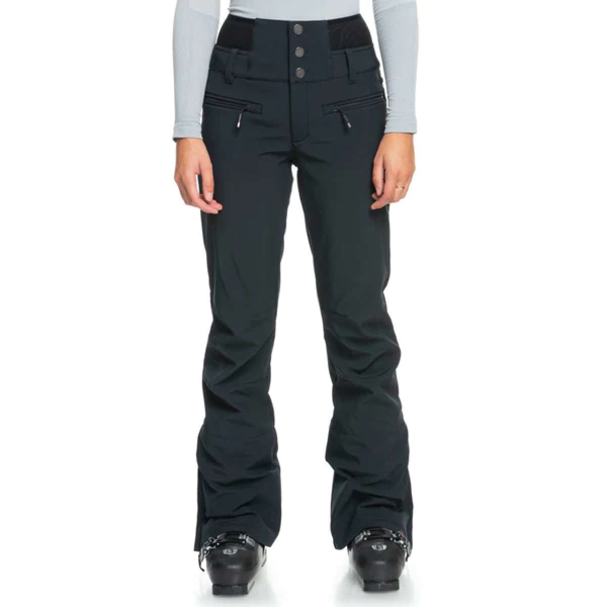 Roxy Women's Rising High Pant 2024 - Black snow pants with zippered pockets and adjustable waistband.