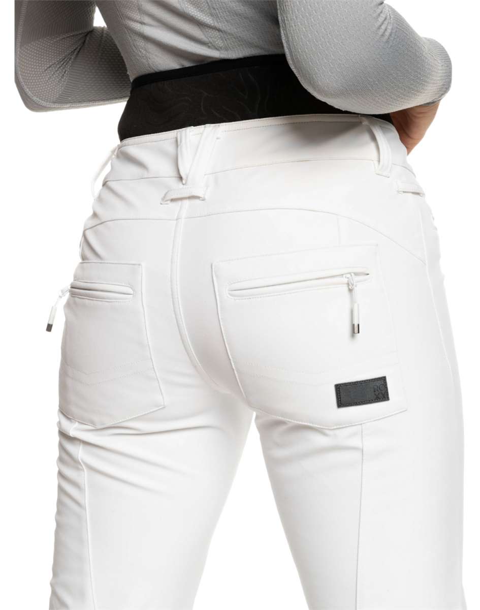 Roxy Women's Rising High Pant 2024 - White pants with a subtle floral pattern on the left leg.
