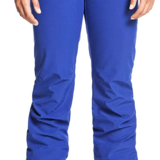 Roxy Women's Rising High Pants 2022 - Royal blue snow pants with zippered pockets and brown zipper pulls.