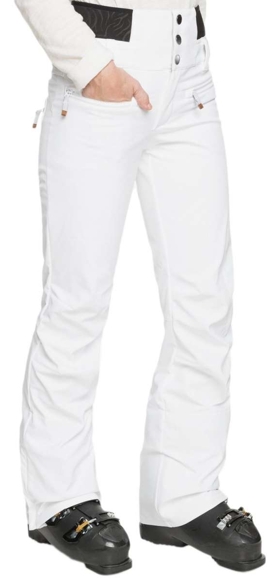 Roxy Women's Rising High Pants 2022 - White snow pants with black zebra print on the back pocket and silver buttons.
