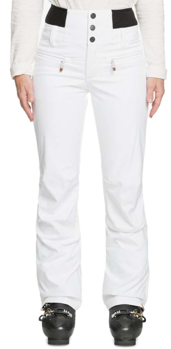 Roxy Women's Rising High Pants 2022 - White pants with black waistband and three buttons on front.