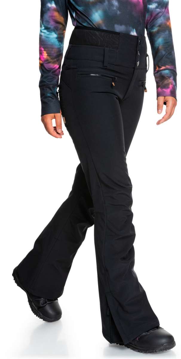 Roxy Women's Rising High Pants 2022 - Black snow pants with zippered pockets and adjustable waistband.
