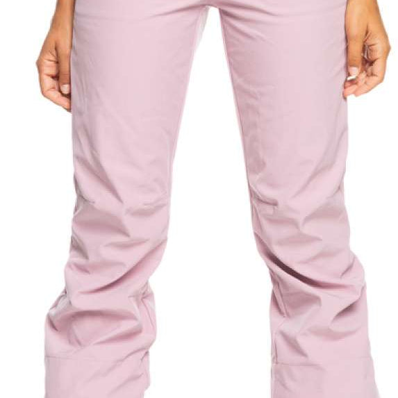 Roxy Women's Rising High Pants 2022 - Light pink snow pants with zippered pockets and a black waistband.