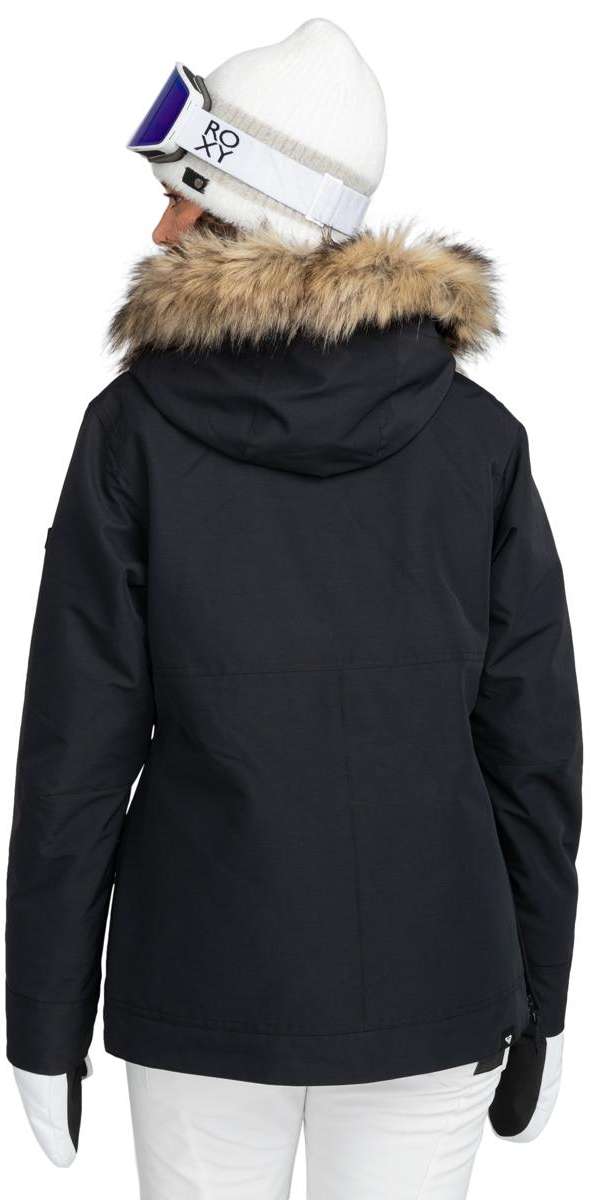 Roxy Women's Shelter Insulated Jacket 2024 - A black jacket with a fur-lined hood and a zippered pocket on the side.