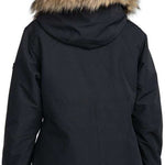Roxy Women's Shelter Insulated Jacket 2024 - A black jacket with a fur-lined hood and a zippered pocket on the side.