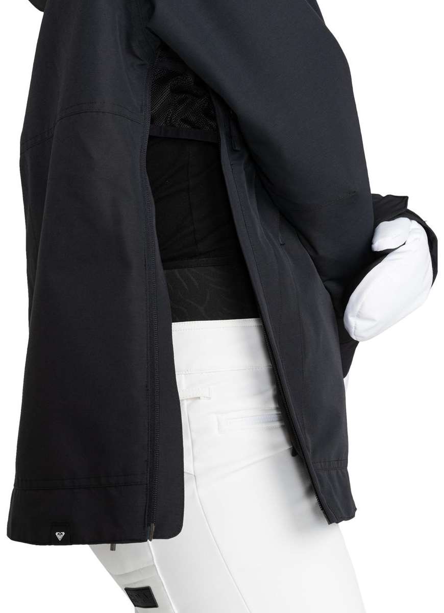 Roxy Women's Shelter Insulated Jacket - A black insulated jacket with a zippered front and two side pockets, featuring a white logo on the left chest.