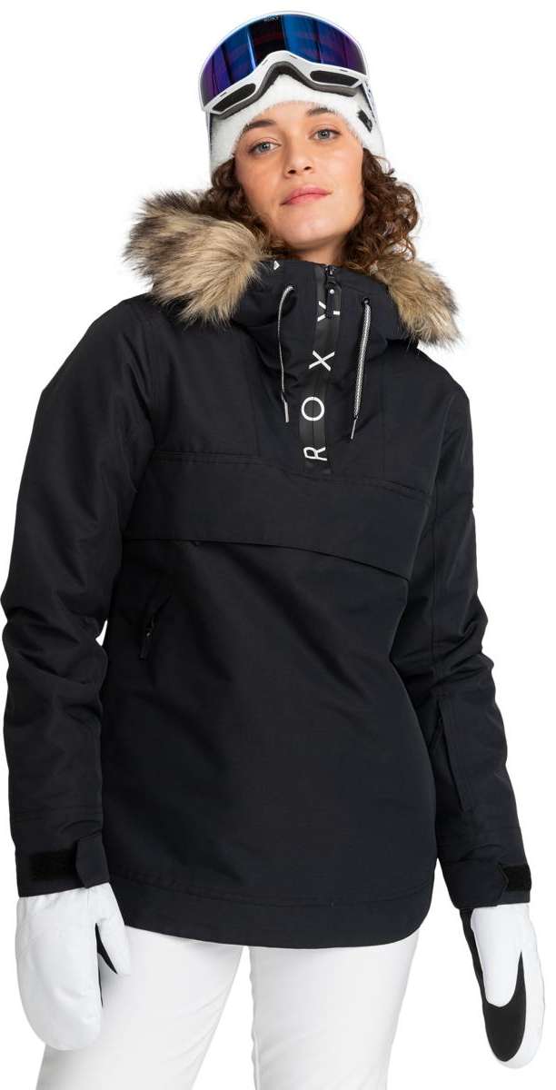 Roxy Women's Shelter Insulated Jacket 2024 - A black jacket with a fur-lined hood and white lettering on the front.
