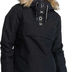 Roxy Women's Shelter Insulated Jacket 2024 - A black jacket with a fur-lined hood and white lettering on the front.