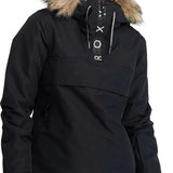 Roxy Women's Shelter Insulated Jacket 2024 - A black jacket with a fur-lined hood and white lettering on the front.