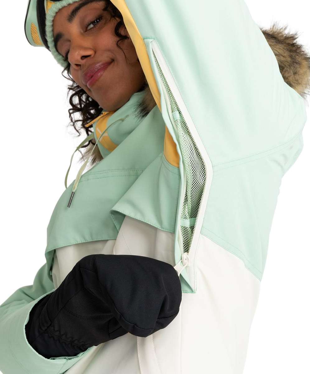 Roxy Women's Shelter Insulated Jacket 2024 - A mint green jacket with a fur-lined hood and yellow accents on the zipper and trim.