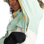 Roxy Women's Shelter Insulated Jacket 2024 - A mint green jacket with a fur-lined hood and yellow accents on the zipper and trim.