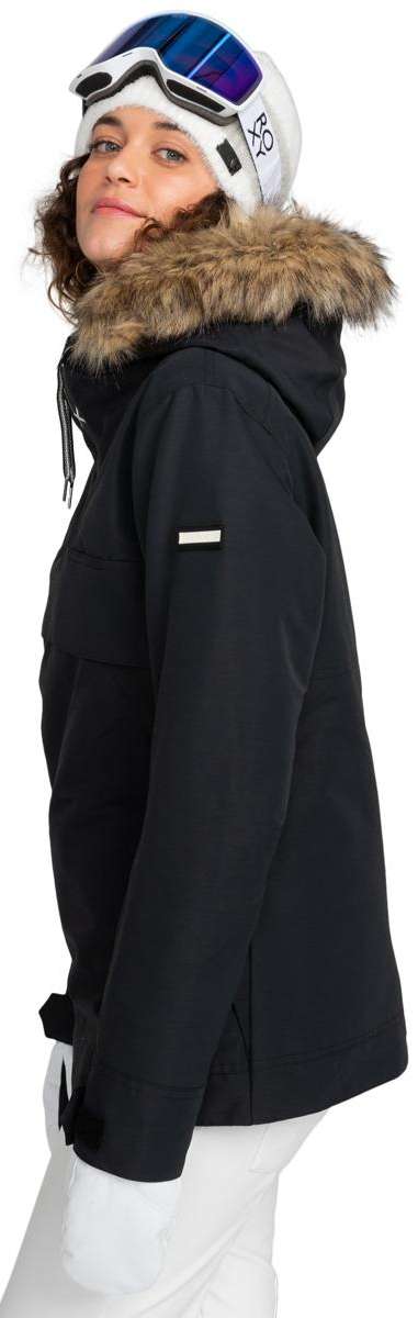 Roxy Women's Shelter Insulated Jacket 2024 - A black jacket with a fur-lined hood and a white logo on the left chest.