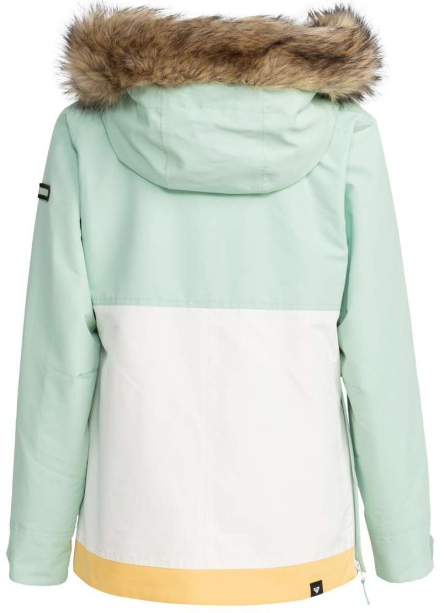 Roxy Women's Shelter Insulated Jacket 2024 - A mint green and white jacket with a fur-lined hood, featuring a zippered front and two side pockets.