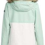 Roxy Women's Shelter Insulated Jacket 2024 - A mint green and white jacket with a fur-lined hood, featuring a zippered front and two side pockets.
