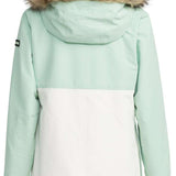 Roxy Women's Shelter Insulated Jacket 2024 - A mint green and white jacket with a fur-lined hood, featuring a zippered front and two side pockets.