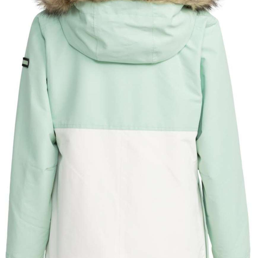 Roxy Women's Shelter Insulated Jacket 2024 - A mint green and white jacket with a fur-lined hood, featuring a zippered front and two side pockets.