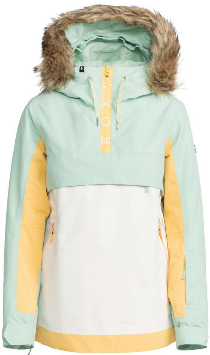 Roxy Women's Shelter Insulated Jacket 2024 - A mint green and white jacket with a fur-lined hood, featuring a zippered front and two side pockets.