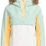 Roxy Women's Shelter Insulated Jacket 2024 - A mint green and white jacket with a fur-lined hood, featuring a zippered front and two side pockets.
