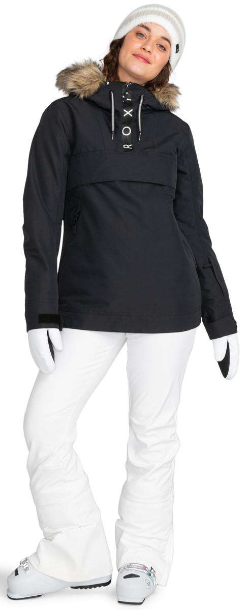 Roxy Women's Shelter Insulated Jacket - A black jacket with a fur-lined hood and white lettering on the front.
