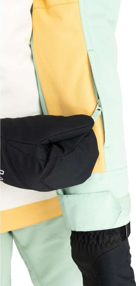 Roxy Women's Shelter Insulated Jacket 2024 - A mint green jacket with a yellow stripe on the side and black accents, featuring a zippered pocket on the front.