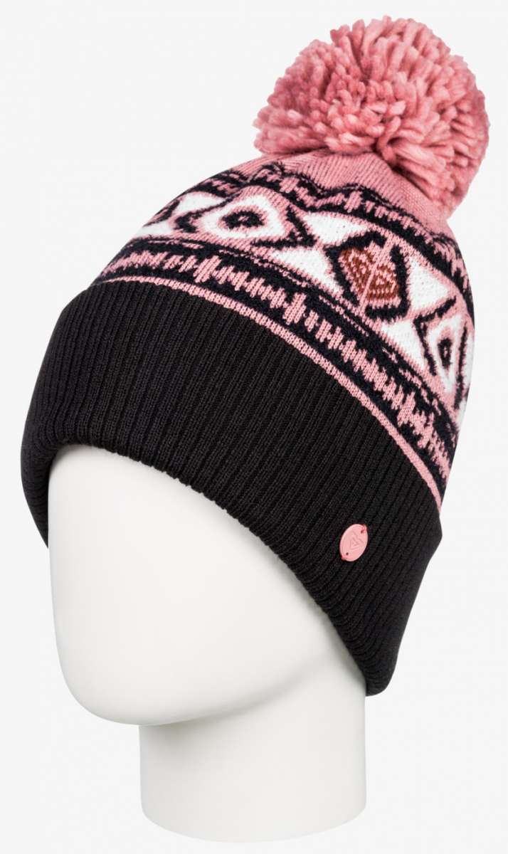 Roxy Women's Silver Speke Beanie 2024 - A pink beanie with a geometric pattern and a large pom-pom on top.