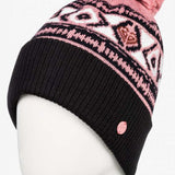 Roxy Women's Silver Speke Beanie 2024 - A pink beanie with a geometric pattern and a large pom-pom on top.