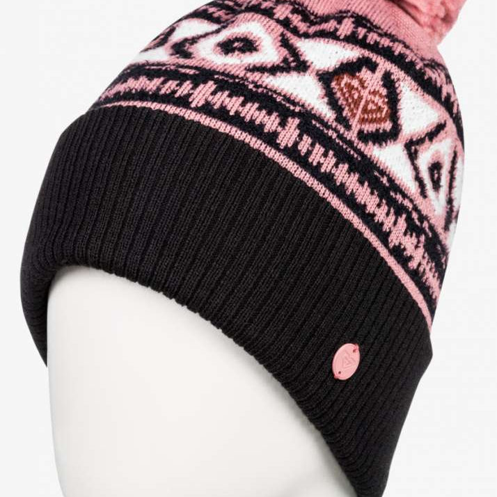 Roxy Women's Silver Speke Beanie 2024 - A pink beanie with a geometric pattern and a large pom-pom on top.