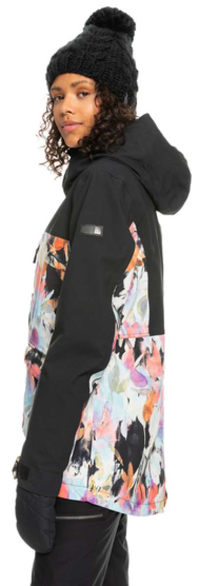 Roxy Women's Stated Insulated Jacket 2023 - A black jacket with a colorful abstract pattern on the back and sleeves, featuring a hood and zippered pockets.