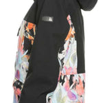 Roxy Women's Stated Insulated Jacket 2023 - A black jacket with a colorful abstract pattern on the back and sleeves, featuring a hood and zippered pockets.