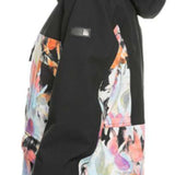 Roxy Women's Stated Insulated Jacket 2023 - A black jacket with a colorful abstract pattern on the back and sleeves, featuring a hood and zippered pockets.