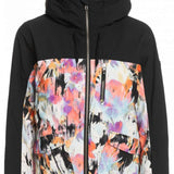 Roxy Women's Stated Insulated Jacket 2023 - A black jacket with a hood, featuring a colorful abstract pattern on the front and back.
