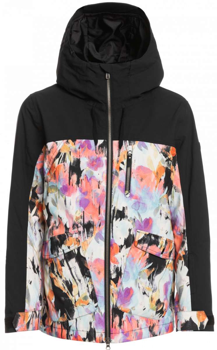 Roxy Women's Stated Insulated Jacket 2023 - A black jacket with a hood, featuring a colorful abstract pattern on the front and back.
