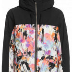 Roxy Women's Stated Insulated Jacket 2023 - A black jacket with a hood, featuring a colorful abstract pattern on the front and back.