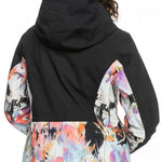 Roxy Women's Stated Insulated Jacket 2023 - A black jacket with a colorful abstract pattern on the back and sleeves, featuring a hood and zippered pockets.