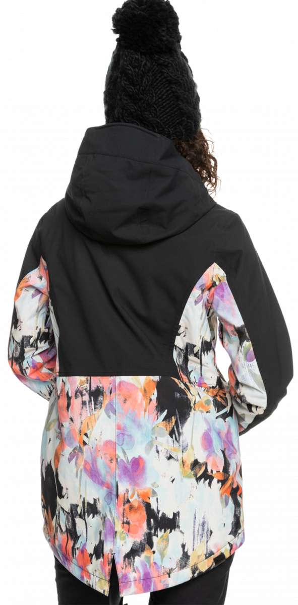 Roxy Women's Stated Insulated Jacket 2023 - A black jacket with a colorful abstract pattern on the back and sleeves, featuring a hood and zippered pockets.