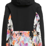 Roxy Women's Stated Insulated Jacket 2023 - A black jacket with a white and pink floral pattern on the lower portion of the back.