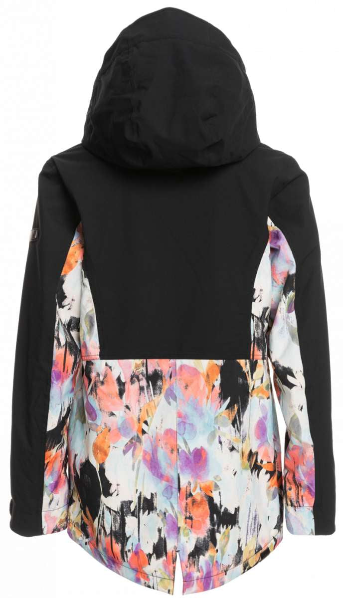 Roxy Women's Stated Insulated Jacket 2023 - A black jacket with a white and pink floral pattern on the lower portion of the back.
