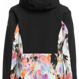 Roxy Women's Stated Insulated Jacket 2023 - A black jacket with a white and pink floral pattern on the lower portion of the back.
