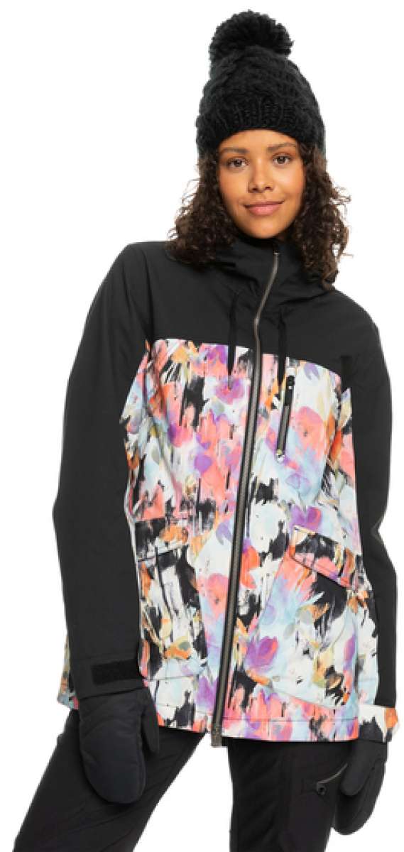 Roxy Women's Stated Insulated Jacket 2023 - A black jacket with a colorful abstract design on the chest and upper back area.