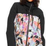 Roxy Women's Stated Insulated Jacket 2023 - A black jacket with a colorful abstract design on the chest and upper back area.