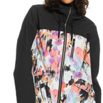 Roxy Women's Stated Insulated Jacket 2023 - A black jacket with a colorful abstract design on the chest and upper back area.
