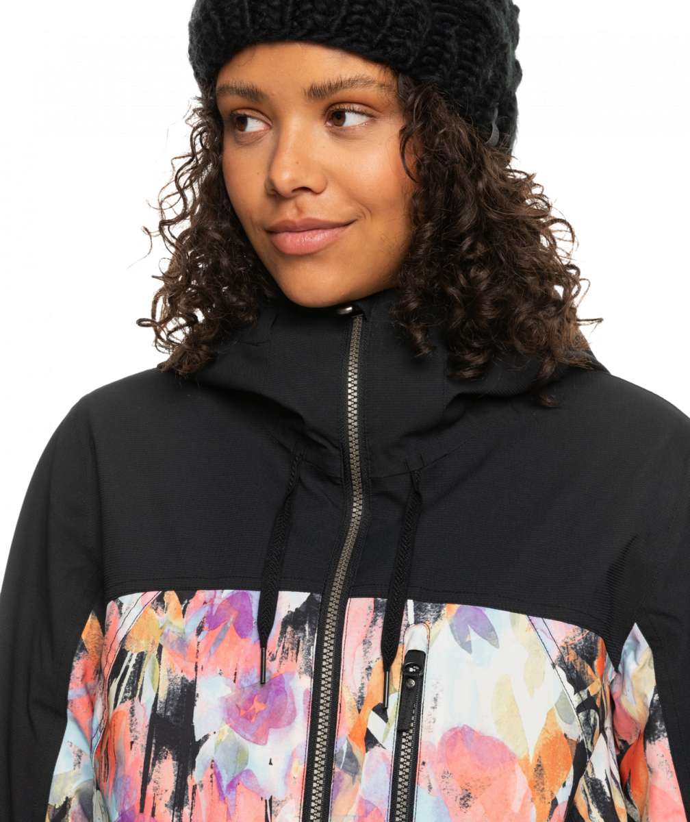 Roxy Women's Stated Insulated Jacket 2023 - A black jacket with a colorful abstract design on the chest and sleeves.